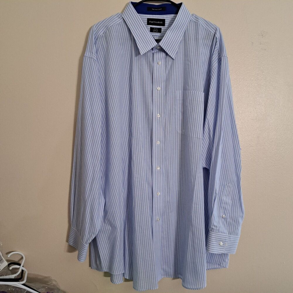 Paul Fredrick Classic Fit Non Iron Blue strip Button Up Shirt Mens Size 20 x 36